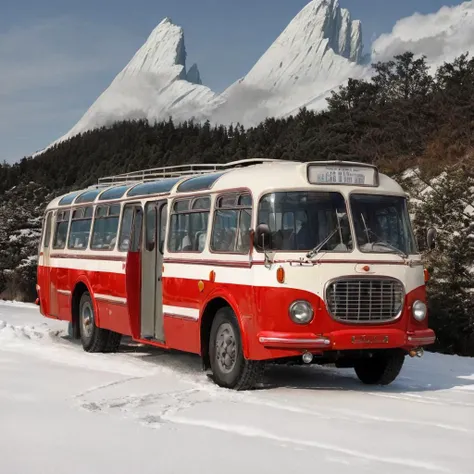 (red bus:1.1), shiny new, view, offroad, outdoor, winter, snow, ice, cinematic, (lake beach landscape:1.1), alpine, frozen water puddles on road, rocks, volumetric light, mist, clouds, sunset dramatic <lyco:skoda706rto-bus-loha:0.8>