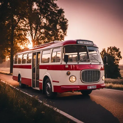 cinematic photo photo red and white bus on the road, epic landscape, detailer, masterpiece, realistic, golden hour <lora:Skoda706-SDXL:1> . 35mm photograph, film, bokeh, professional, 4k, highly detailed