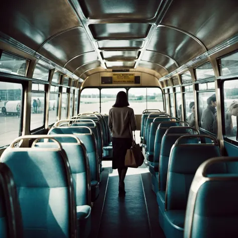 analog film photo (2 woman fullfigure:1.2) looking,  standing in bus portrait, crowded (10 people passengers inside bus:1.3), some people standing,  (interior view), people sitting inside waiting to depart<lora:Skoda706-SDXL:1> <lora:Grit-SDXL:1>, through window seen background distant spaceport with launching retro metallic spaceship . faded film, desaturated, 35mm photo, grainy, vignette, vintage, Kodachrome, Lomography, stained, highly detailed, found footage