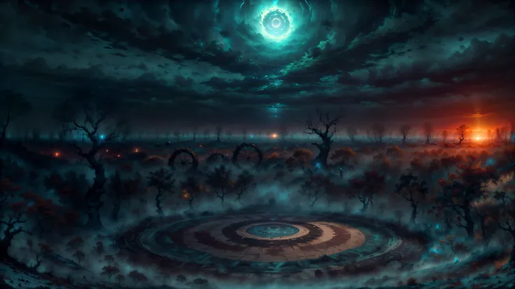 <lora:add_detail:0.6> <lora:EntropyMagic:0.7> (masterpiece, best quality, realistic, detailed, crisp:1.2), intricate details, entropymagic, (landscape), (concentric circles in the ground, blue glow), barren land, beautiful sunset, small forest, decay, dark clouds, heavy mist, trees, low angle, <lora:epi_noiseoffset2:1>