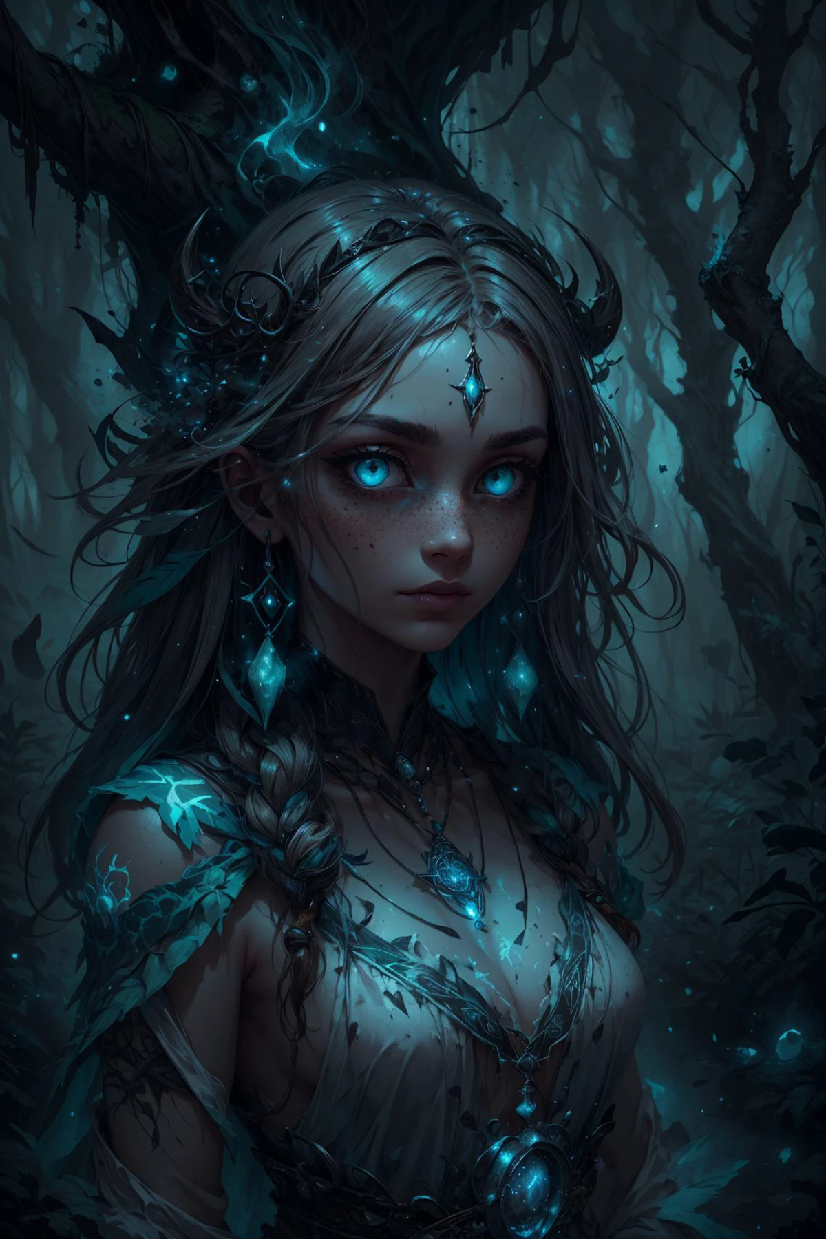 beautiful and detailed illustration, pop art, masterpiece, best quality, ultra-detailed, soft lighting, cinematic shot, vibrant colors, gorgeous colors, <lora:add_detail:0.3>, <lora:stylesqueeze_v2:0.5>,
1 girl, adult woman, freckles, teal eyes, dark blonde shaggy hair,
<lora:GoodHands-beta2:0.8>,
(style-swirlmagic:0.8), solo, upper body, (glowing eyes:1.05), detailed background, detailed face, (<lora:EntropyMagic:0.6> entropymagic theme:1.1), stoic expression, spiritual presence, white tribal markings, geomancer shaman, mystical, purple frayed raiments, , beads, enchanted amulet, surrounded by green magic swirls, trees in background, primitive traditions, whirlwind, foreboding atmosphere,