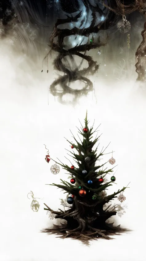entropymagic christmas tree fantasy dissolving decay <lora:EntropyMagic-20:1>