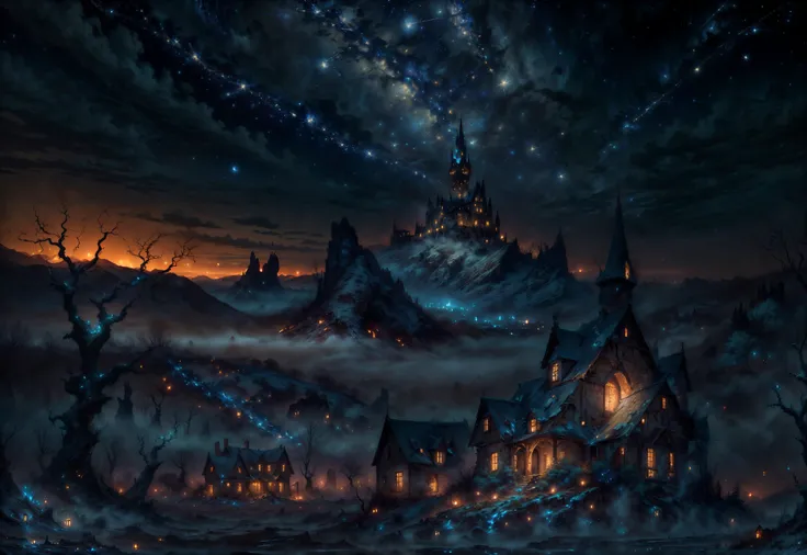 <lora:add_detail:0.6> <lora:EntropyMagic:0.6> (masterpiece, best quality, realistic, detailed, crisp:1.2), intricate details, entropymagic, (landscape), (barren land), starry night sky, big moon, fireflies, marsh, blue glow, mountains, decay, dark clouds, mist, trees, low angle, <lora:epi_noiseoffset2:1>