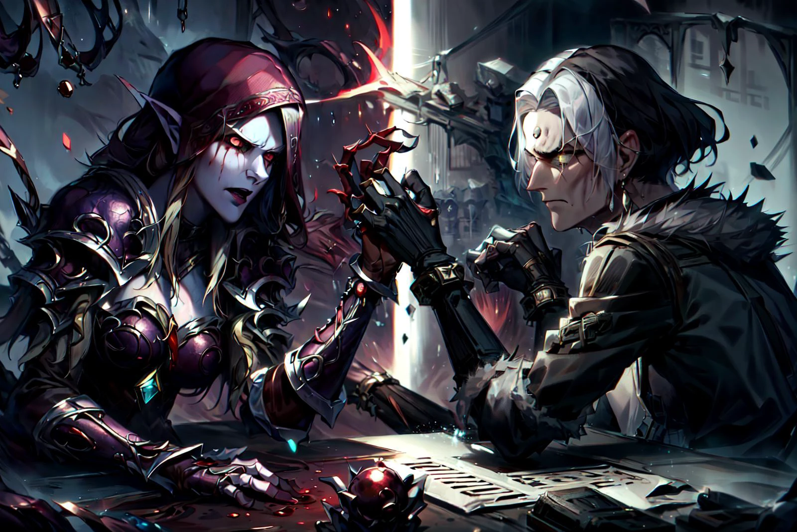 masterpiece, best quality, highres, ultra-detailed, arm wrestling, eye contact, glaring, magic background, ADDBASE
bloodmagic, fantasy, magical energy, blood, sylvdark, glaring, angry, ADDCOL
entropymagic, fantasy, dissolving, decay, 1boy, emet selch, white streaked hair, black hair, glaring, (angry, frown)