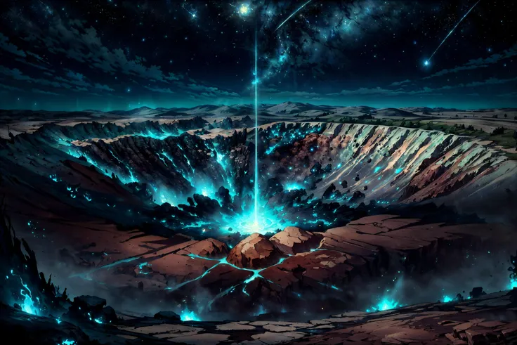<lora:add_detail:0.6> <lora:EntropyMagic:0.7> (masterpiece, best quality, realistic, detailed, crisp:1.2), intricate details, entropymagic, (landscape, huge crater in the ground), scorched ground, burnt, blue flame, starry night, extremely bright light, blue glow, dissolving, <lora:epi_noiseoffset2:1>