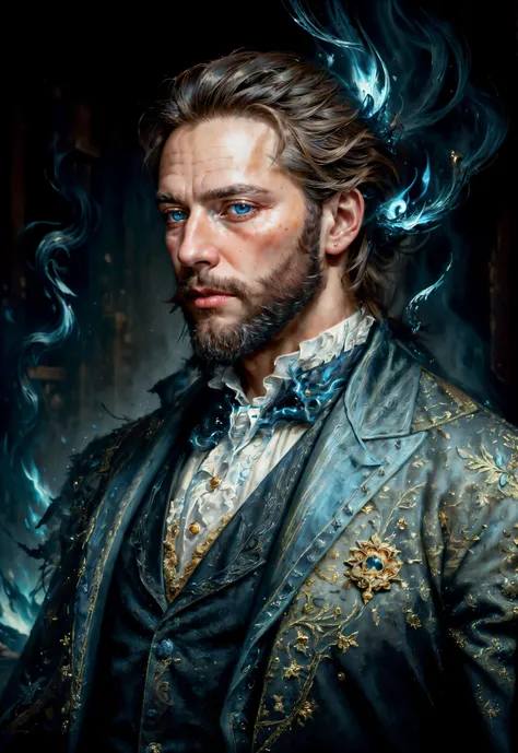 <lora:add_detail:0.6> <lora:GoodHands-beta2:1> <lora:EntropyMagic:0.6> (masterpiece, best quality, realistic, detailed, crisp:1.2), intricate details, entropymagic, (oil painting), (portrait closeup of sophisticated gentleman), glistening blue eyes, blue fire, victorian clothes, white beard, golde details, <lora:epi_noiseoffset2:1>