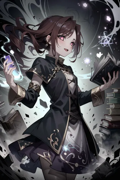 1girl, (swirling magic around girl:1.7), (magic basement:1), (magic book in hand), (surge of magic from the book:1.7), (casting a spell:1.3), dark mist, (magical catastrophy:1.6), (destruction:1.3), (side view:1.1), dark mage, evil girl, acolyte, (red hair:1.1), mad, crazy smile, chanting, cult, fantasy, diabolic, dark magic:1.5, dark energy:1.5, (solo), (dark), (dim light), (masterpiece), (heart-shaped pupils:1), (hyper detailed), intricate detail, 8k, lips, best quality, highres, highlight, <lora:heart_eyes_v1.0:0.8>, <lora:EntropyMagic-20:0.8>, entropymagic, fantasy, dissolving, decay,