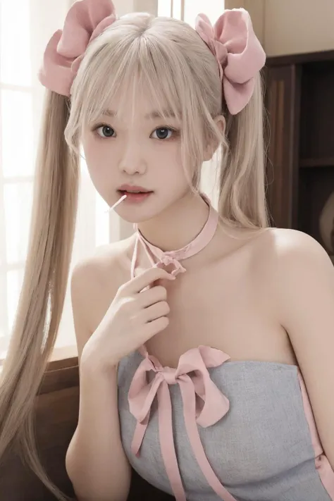<lora:gr3y_dr3ss_1:0.7>, gr3y_dr3ss_1, best quality, masterpiece, illustration, realistic, photo-realistic, amazing, finely detail, incredibly absurdres, huge filesize, ultra-detailed, highres, extremely detailed CG unity 8k wallpaper, nsfw, A cute young Korean woman lying on her side in a very close-up shot. She has curly blonde hair in twin tails tied with pink bows. She is wearing a grey mini dress with pink fur trim and pink bows, showing her bare shoulders with only thin straps over them. She has an adorable, slightly mixed-race look with a cute face shape, makeup and seductively licking her lips. The image is cropped to show mostly just her upper body. She has a cute white choker necklace around her neck and looks cute yet alluring.