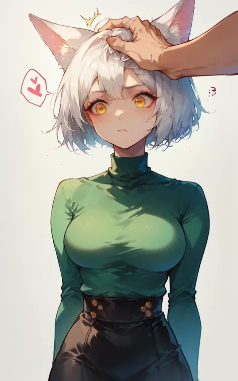 1girl, solo, white hair, bob cut, fox girl, yellow eyes, medium breasts, green turtleneck, black skirt, heart, confused, stroking head, score_9, score_8_up, score_7_up, <lora:Desolation:0.7> <lora:Pony_Diffusion_V6_Art_Style_-_AAM_XL_Screencap_V2:0.7> <lora:Expressive_H:0.8>