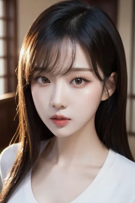 1girl,20 yo, mixed korean ,blurred background, (photorealistic:1.4), best quality, masterpiece, an extremely delicate and beautiful, extremely detailed ,unity ,8k wallpaper, Amazing, finely detail, masterpiece,best quality,huge filesize, ultra-detailed, highres, extremely detailed, beautiful detailed girl, extremely detailed eyes and face, beautiful detailed eyes,lips apart, (slender waist), perfect body, slim, realistic light, realistic shadow,glimmering light,(indoor:1.3) look at viewer ,shirt, skirt,(extreme close-up), close face,photo face, closed mouth <lora:makina69_winter_v2.2:0.75>