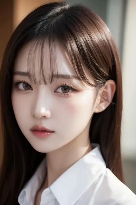 1girl,20 yo, mixed korean ,blurred background, (photorealistic:1.4), best quality, masterpiece, an extremely delicate and beautiful, extremely detailed ,unity ,8k wallpaper, Amazing, finely detail, masterpiece,best quality,huge filesize, ultra-detailed, highres, extremely detailed, beautiful detailed girl, extremely detailed eyes and face, beautiful detailed eyes,lips apart, (slender waist), perfect body, slim, realistic light, realistic shadow,glimmering light,(indoor:1.3) look at viewer ,shirt, skirt,(extreme close-up), close face,photo face, closed mouth <lora:makina69_winter_v2.2:0.5>
