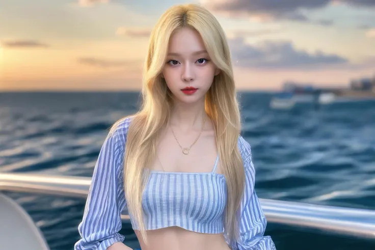 Best quality,masterpiece,ultra high res,(photorealistic),raw photo,1girl,skinny,upper body,solo,realistic,looking at viewer,bokeh background,(blue_Vertical-striped_shirt:1.2),red_vertical-striped_long skirt,outdoor,clouds,on the luxury boat,white blonde long hair,jewelry,bracelet,(small breast:1.3),(shoulder),belly,(Navel:1.3),(front),(armpit:1.3),model pose,<lora:makina69_winter_v5.0.gold:1>,<lora:add_detail:1>,