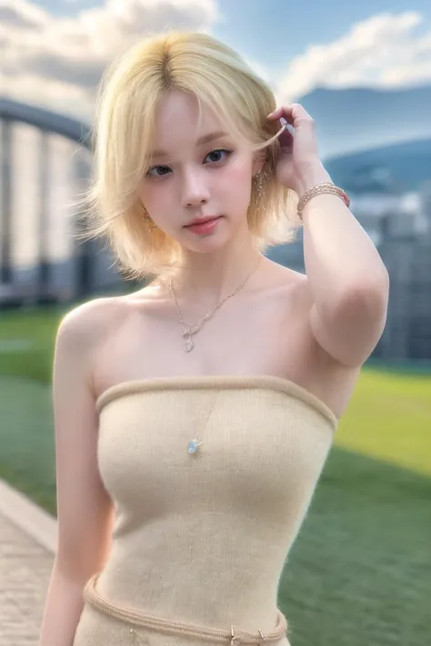 Best quality,masterpiece,ultra high res,(photorealistic),raw photo,1girl,skinny,upper body,solo,realistic,looking at viewer,bokeh background,outdoor,clouds,white blonde hair,jewelry,bracelet,<lora:makina69_winter_v5.0.gold:1>,<lora:add_detail:1>,