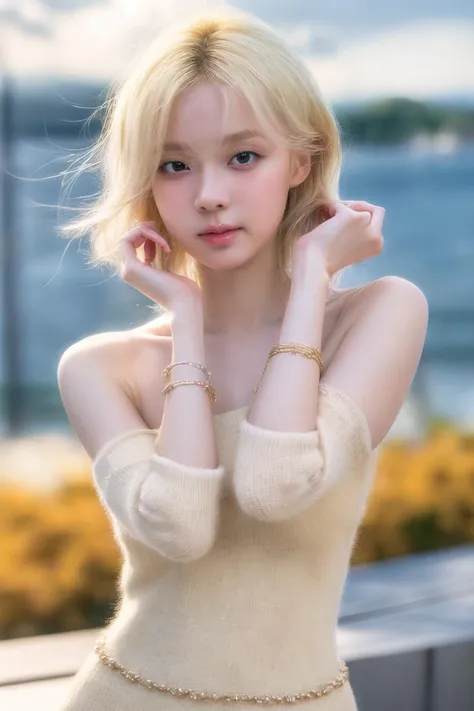Best quality,masterpiece,ultra high res,(photorealistic),raw photo,1girl,skinny,upper body,solo,realistic,looking at viewer,bokeh background,outdoor,clouds,white blonde hair,jewelry,bracelet,<lora:makina69_winter_v5.0.gold:1>,<lora:add_detail:1>,