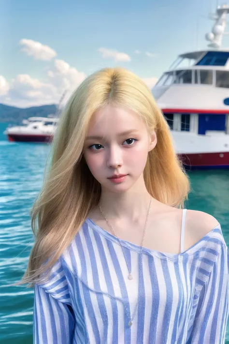 Best quality,masterpiece,ultra high res,(photorealistic),raw photo,1girl,skinny,upper body,solo,realistic,looking at viewer,bokeh background,(blue_Vertical striped_shirt:1.3),(red_side_slit:1.2),outdoor,clouds,(on the boat:1.3),white blonde long hair,jewelry,bracelet,small breast,<lora:makina69_winter_v5.0.gold:1>,<lora:add_detail:1>,