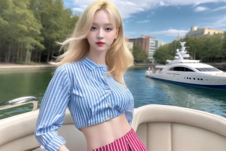 Best quality,masterpiece,ultra high res,(photorealistic),raw photo,1girl,skinny,upper body,solo,realistic,looking at viewer,bokeh background,(blue_Vertical-striped_shirt:1.2),red_vertical-striped_long skirt,outdoor,clouds,on the luxury boat,white blonde long hair,jewelry,bracelet,(small breast:1.3),(shoulder),belly,(Navel:1.3),(front),(armpit:1.3),<lora:makina69_winter_v5.0.gold:1>,<lora:add_detail:1>,