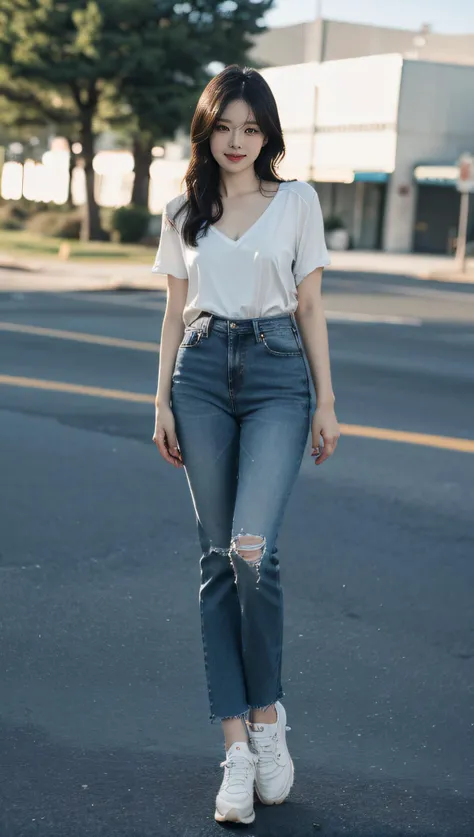 outdoors, smile, 2 feet, v-neck shirt, jeans
<lora:kpop_makina69_winter_v2.0.ß1:1>, photography, RAW photo, photo, sharp focus, Canon 5D, Fujifilm, cinematic lighting, professional lighting, natural light, ray tracing, volumetric light, masterpiece, best quality, high quality, highres, ultra highres, 1girl, standing, (full body:1.5), full shot, full length shot, feet, legs, solo, eye contact, shiny eyes, (looking directly at viewer:2), facing viewer, detailed skin, smooth skin, detailed hair, <lora:1.5_perfect hands:1>