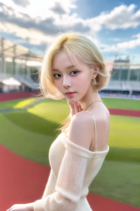 Best quality,masterpiece,ultra high res,(photorealistic),raw photo,1girl,skinny,upper body,solo,realistic,looking at viewer,bokeh background,outdoor,clouds,white blonde hair,jewelry,bracelet,<lora:makina69_winter_v5.0.gold:1>,<lora:add_detail:1>,