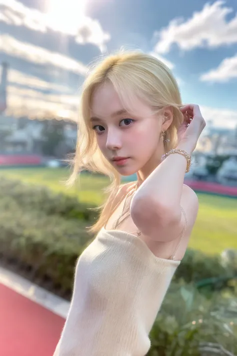 Best quality,masterpiece,ultra high res,(photorealistic),raw photo,1girl,skinny,upper body,solo,realistic,looking at viewer,bokeh background,outdoor,clouds,white blonde hair,jewelry,bracelet,<lora:makina69_winter_v5.0.gold:1>,<lora:add_detail:1>,