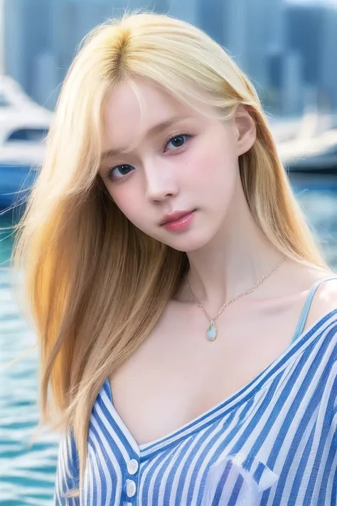 Best quality,masterpiece,ultra high res,(photorealistic),raw photo,1girl,skinny,upper body,solo,realistic,looking at viewer,bokeh background,(blue_Vertical striped_shirt:1.3),(red_side_slit:1.2),outdoor,clouds,boat,white blonde long hair,jewelry,bracelet,small breast,<lora:makina69_winter_v5.0.gold:1>,<lora:add_detail:1>,