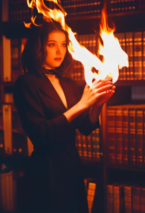 film grain,cinematic film still,Photo of a 20-year-old mysterious female magician with her hands burning in flames, old library,r/nsfwcosplay,<lyco:film grainV2:0.7>