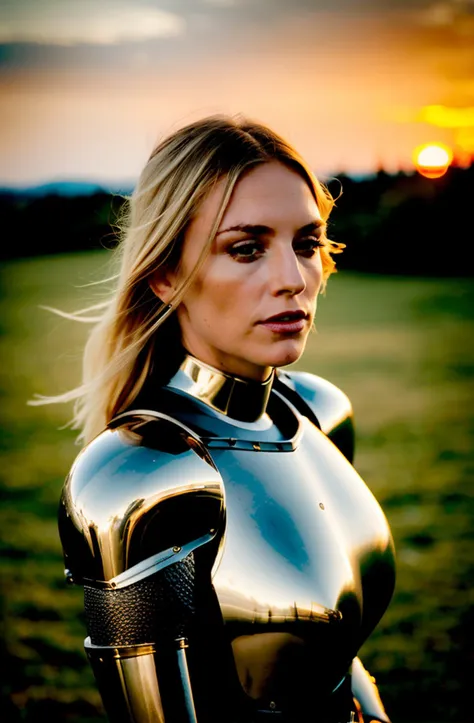 best quality and best aesthetic,(realistic), portrait of a woman,most beautiful medieval armor and Metallic luster, metallic reflection, metallic texture, upper body, outdoors, intense sunlight, far away castle, professional photograph of a stunning woman detailed, sharp focus, dramatic, award winning, cinematic lighting, (film grain, blurry background, blurry foreground, bokeh, depth of field, sunset, motion blur:1.3), looking at viewer and facing viewer