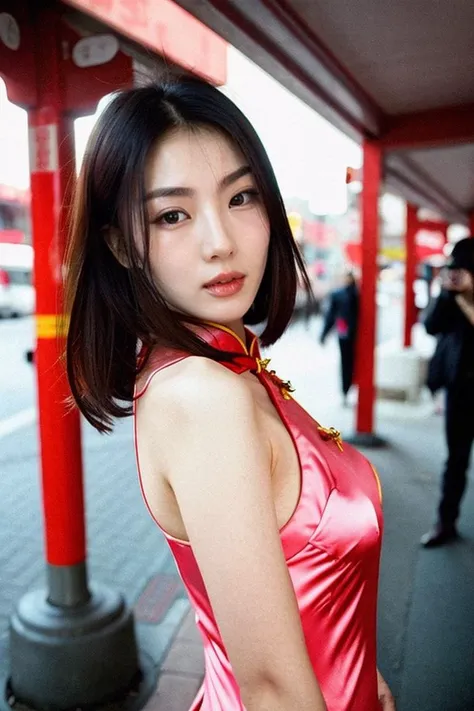 reddit and r/adorableporn,film still,film grain,cinematic,raw photo of a 30-year-old sexy chinese idol wearing cheongsam, (best quality and best aesthetic) and (photorealistic:1.4) and (Realistic:1.4) and Detailed Skin Textures and detailed skin pores and high skin detail, Detailed facial features,Outdoors, public places,<lyco:film grain-amateurV1:0.6>
