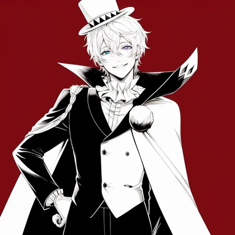 <lora:Nikolai_Gogol_-_Bungo_Stray_Dogs_Manga:1>, Monochrome, white hair, adult male, 1boy, male focus, upper body, striped, male focus, open mouth, cane, cape