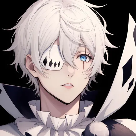 nikolai, solo, blue eyes, white hair, parted lips, scar, eyepatch, portrait, scar on face, <lora:Nicolai-08:1>
