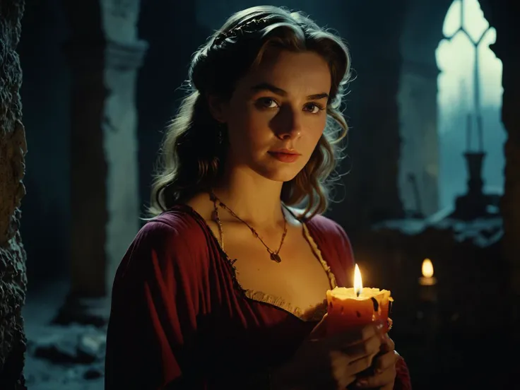 this Technicolor filmstill was shot with a 35mm Arriflex camera and an Angenieux 25-250mm f/3.2 lens. it shows cute lady holding a candle in a dark ruin