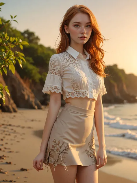 ( detailed realistic background:1),
( official art, beautiful and aesthetic:1 ),
realistic lighting,
cinematic lighting,
hyperrealism,
soothing tones,
muted colors,
high contrast,
soft light,
sharp,
artistic photoshoot,
( cute, petite:1.2 ),
slender,
european,
pale cheeks,
square face shape with angular jaw,
natural "no-makeup" makeup,
upturned slim ass ,
senior,
ginger hair ,
sleek and straight hair  ,
Profile Shot 
Gear Island  ,
windy sunset with swirling leaves  ,
beach sunset  ,
Short-sleeved shirt 
lace mini skirt 
sheer-to-waist pantyhose 
wraparound heels  ,
Delighted ,
looking at viewer,