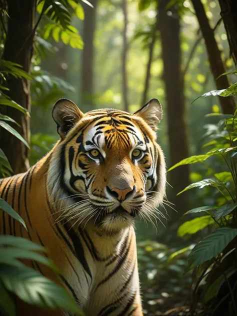 Tiger and dense jungle and dappled sunlight and eye level.