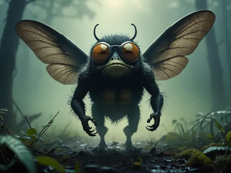 Utilizing Kodak Ektar 100 film, the eerie scene captured by a Pentax K1000 SLR camera with an SMC Pentax f/1.7 50mm lens at f/1.7 and a shutter speed of 1/125s, ISO 100, depicts a menacing comic-style horror fly. This grotesque creature features a fat, round hairy body, stubby tail, and oversized wings, paired with a human-like comic face adorned with sunglasses, a big round cartoon nose, and pointy ears. In a misty night setting, the fly with a mischievous demeanor is portrayed flying around a spooky and overgrown garden, leaving a trail of destruction in its wake. The atmosphere is thick with mist and smoke, enhancing the highly detailed and chilling nature of the scene.