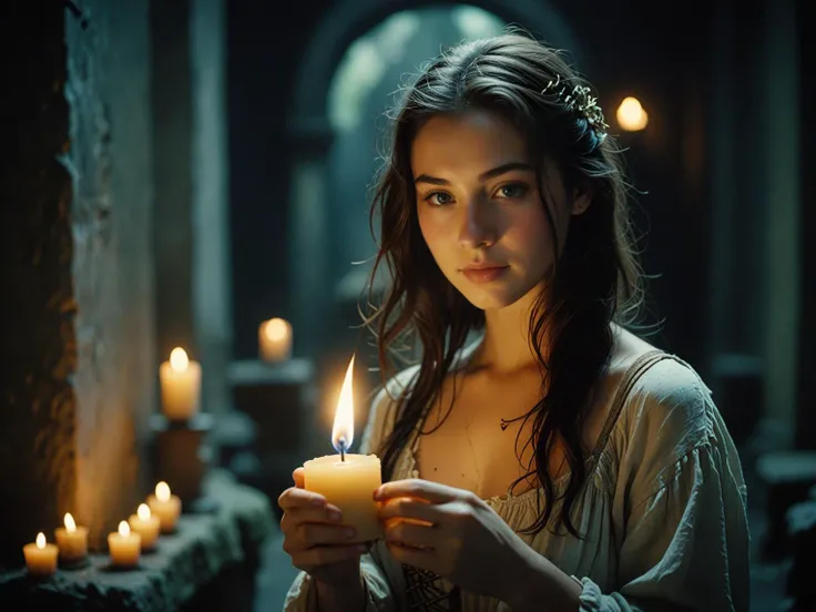 the photo was shot on Fuji Superia 400 film with a Olympus OM-1 SLR camera and Zuiko f/1.4 50mm lens, ISO 400. it shows cute lady holding a candle in a dark ruin