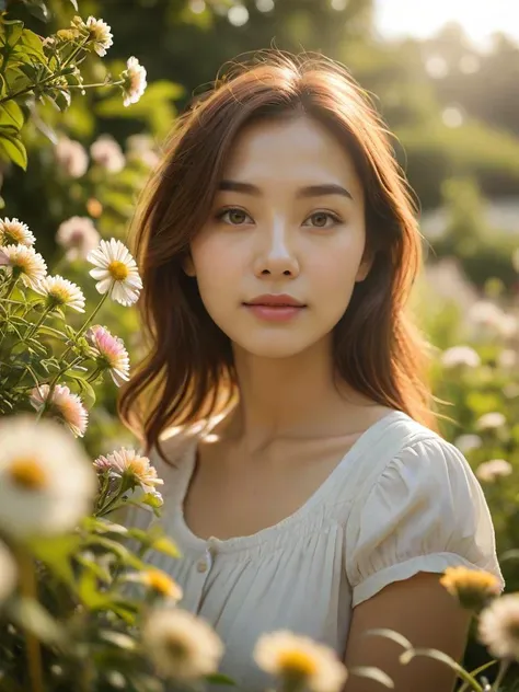 Woman and flower garden and afternoon sun and eye-level angle