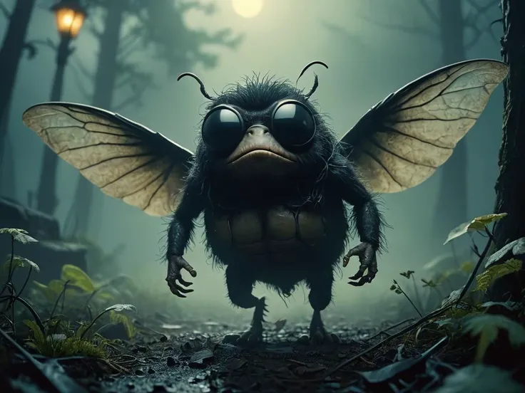 Utilizing Kodak Ektar 100 film, the eerie scene captured by a Pentax K1000 SLR camera with an SMC Pentax f/1.7 50mm lens at f/1.7 and a shutter speed of 1/125s, ISO 100, depicts a menacing comic-style horror fly. This grotesque creature features a fat, round hairy body, stubby tail, and oversized wings, paired with a human-like comic face adorned with sunglasses, a big round cartoon nose, and pointy ears. In a misty night setting, the fly with a mischievous demeanor is portrayed flying around a spooky and overgrown garden, leaving a trail of destruction in its wake. The atmosphere is thick with mist and smoke, enhancing the highly detailed and chilling nature of the scene.