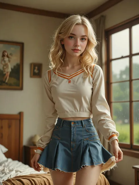 ( detailed realistic background:1),
( official art, beautiful and aesthetic:1 ),
realistic lighting,
cinematic lighting,
hyperrealism,
soothing tones,
muted colors,
high contrast,
soft light,
sharp,
artistic photoshoot,
( cute, petite:1.2 ),
slender,
european,
pale cheeks,
square face shape with angular jaw,
natural "no-makeup" makeup,
apricot breasts ,
senior,
platinum blonde hair ,
flowy waves hair ,
Wormfs Eye View
quiet countryside retreat painting landscapes ,
cool rain with subtle drizzle ,
sunbeams through clouds ,
cheerleader uniform, skirt, pom_pom_cheerleading in both hands
slim fit jeans
liner sock
kitten heels ,
Hating ,
looking at viewer,