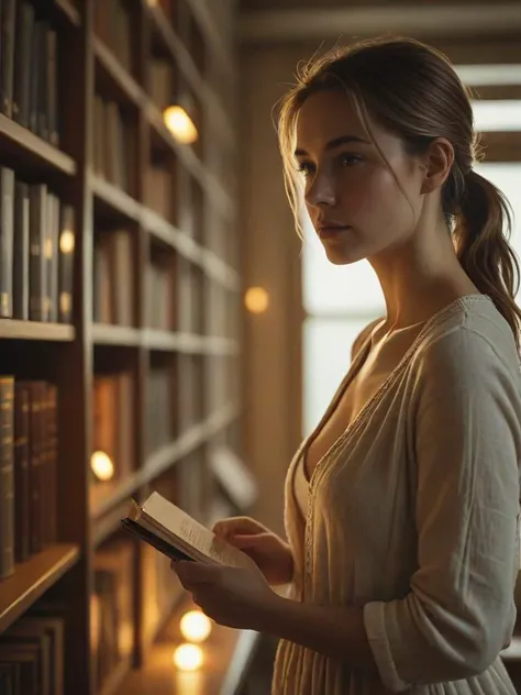 Woman and library and soft ambient light and front angle