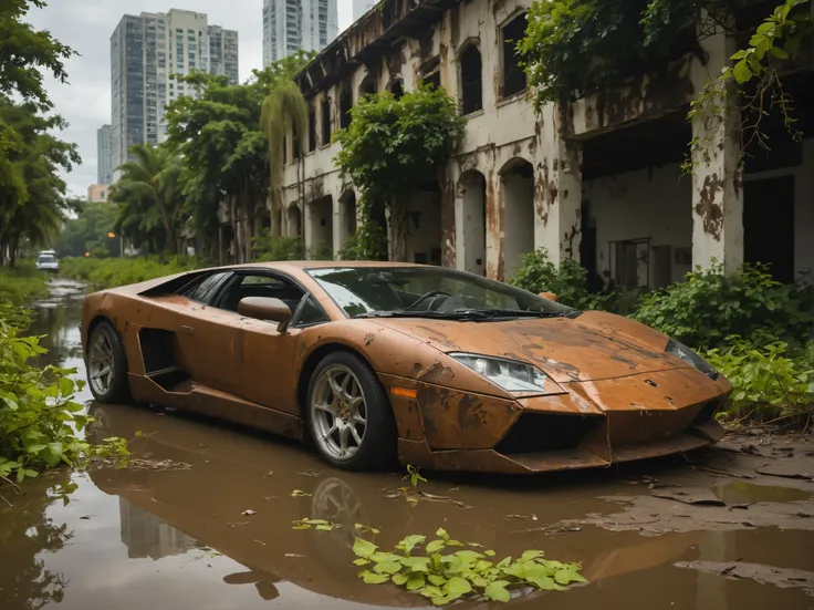 rusted miami skyline, fully submerged in muddy water, abandoned, covered in kudzu ivy, dirt, rusted, dead jungle, creepy, ominous, peeling paint, heavily damaged, war-torn, lamborghini