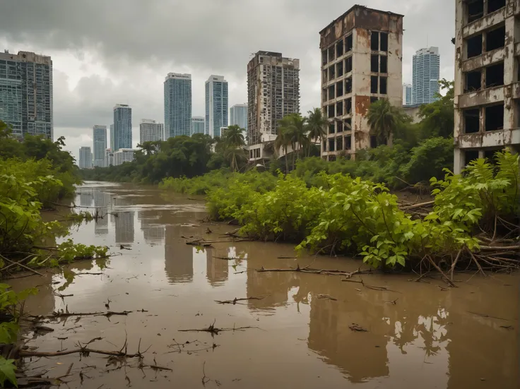 rusted miami skyline, fully submerged in muddy water, abandoned, covered in kudzu ivy, dirt, rusted, dead jungle, creepy, ominous, peeling paint, heavily damaged, war-torn