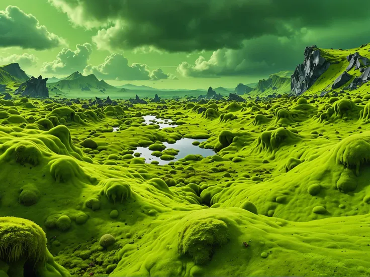 cascades, moss, lush alien planet surface, cloudy vibrant green sky