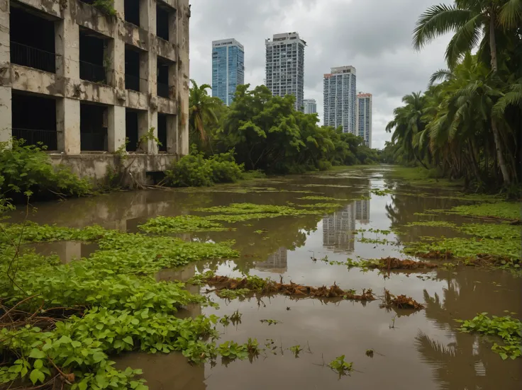 rusted miami skyline, fully submerged in muddy water, abandoned, covered in kudzu ivy, dirt, rusted, dead jungle, creepy, ominous, peeling paint, heavily damaged, war-torn