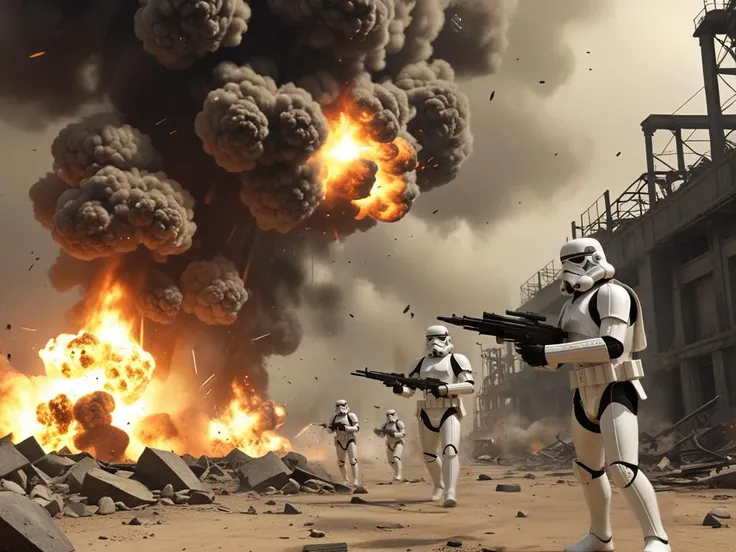 imperial stormtrooper total war, explosions, impact plumes, destroyed industrial