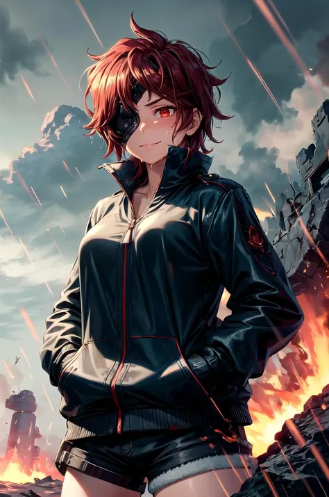 (masterpiece, best quality, detailed), 1girl, solo, looking at viewer, hephaistos, eyepatch,
<lora:ExoMagmaTech:0.9>, exomagmatech, lava made, translucent, glowing eyes, (short shorts, black jacket, open jacket, tube top:0.7), outdoors, lightning, rain, cloudy sky, wet, storm, wind, hands in pockets, v-shaped eyebrows, evil smile, closed mouth, smile