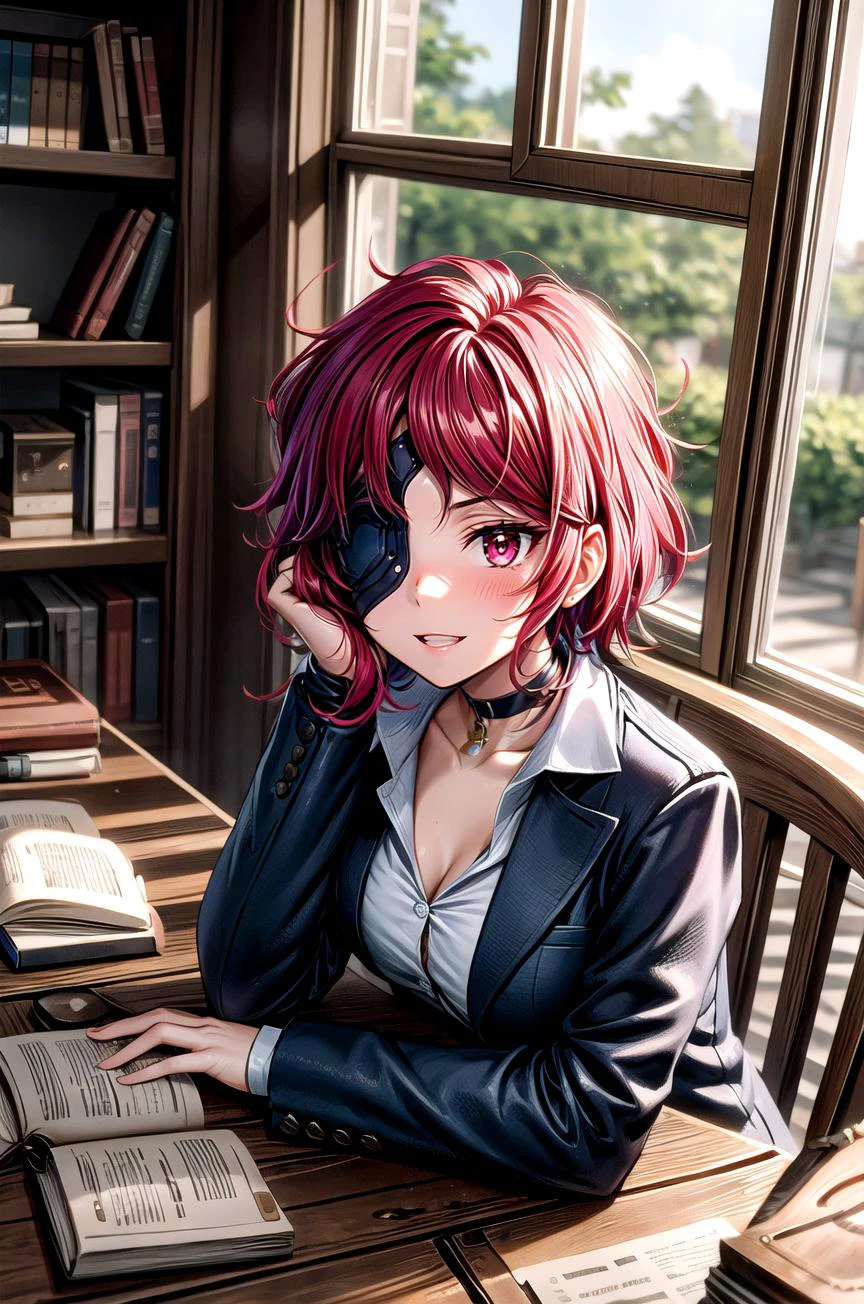 (masterpiece, best quality, detailed), 1girl, solo, looking at viewer, hephaistos, eyepatch,
tailcoat, fishnet top, single thighhigh, single sleeve, medical eyepatch, purple ribbon, choker, single glove, glowing eye, bandaged arm, <lora:gearEntangle:0.5>, gear, machine, indoors, clock, chair, table, book stack, pov across table, elbows on table, elbow rest, smile, parted lips