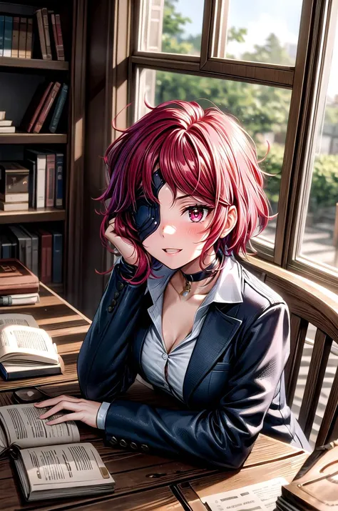 (masterpiece, best quality, detailed), 1girl, solo, looking at viewer, hephaistos, eyepatch,
tailcoat, fishnet top, single thighhigh, single sleeve, medical eyepatch, purple ribbon, choker, single glove, glowing eye, bandaged arm, <lora:gearEntangle:0.5>, gear, machine, indoors, clock, chair, table, book stack, pov across table, elbows on table, elbow rest, smile, parted lips
