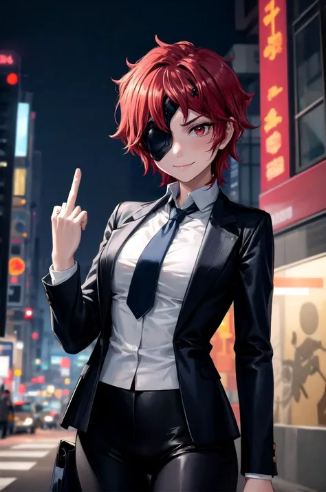 (masterpiece, best quality, detailed), 1girl, solo, looking at viewer, hephaistos, eyepatch,
pant suit, suit, formal, black suit, black pants, necktie, white shirt, sunglasses, outdoors, cyberpunk, city, night, city lights, neon lights, skyscraper, graffiti, car, <lora:midfinger-left-v2-wasabiya:1>, middle finger, smile, closed mouth, smirk
