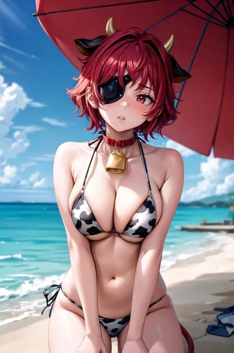 (masterpiece, best quality, detailed), 1girl, solo, looking at viewer, hephaistos, eyepatch,
<lora:Concept_Cow:0.9>, animal print, cow print, horns, animal ears, cow ears, cow horns, cow tail, bikini, thighhighs, bell, cowbell, navel, neck bell, collar, outdoors, beach, ocean, blue sky, horizon, palm tree, beach umbrella, umbrella, night, <lora:breasts_squeezed_together_v0.2:1> (breasts squeezed together, v arms), parted lips, nose blush