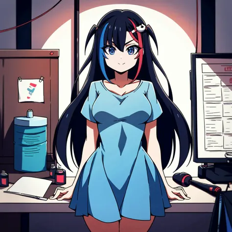 ink drawing of a sketched by score_9, score_8_up, score_7_up, score_6_up, score_5_up, score_4_up BREAK (kuria:1.1), 1girl, solo, black hair, two-tone hair, red hair, blue hair, long streaked hair, medium breasts, blue eyes, hair ornament, looking at viewer, dynamic pose, cowboy shot, <lora:KuriaOCpdxl16.0.93tx1-000014:1.05>, suns, spray, rough paper, dentist, the texture of the canvas