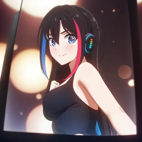 cinematic photo, masterpiece, best quality, very aesthetic, absurdres, kuria, 1girl, solo, black hair, two-tone hair, blue and red hair, medium breasts, blue eyes, looking at viewer, dynamic pose, cowboy shot, <lora:KuriaOCxl16.0.931tx1-000015:0.9>, 35mm photograph, film, bokeh, professional, 4k, highly detailed